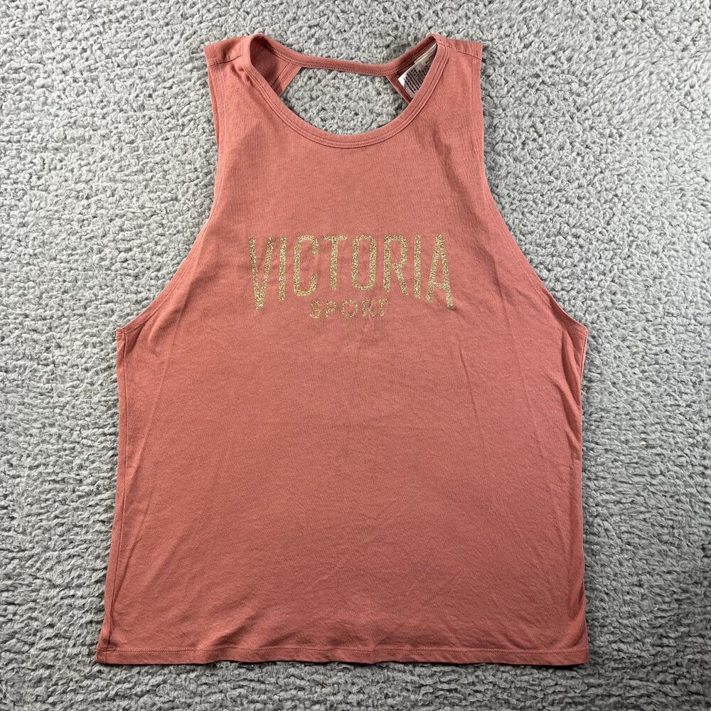 Victoria Sport Open Back Tank Top Women's Medium Mauve Pink Gold Glitter Logo